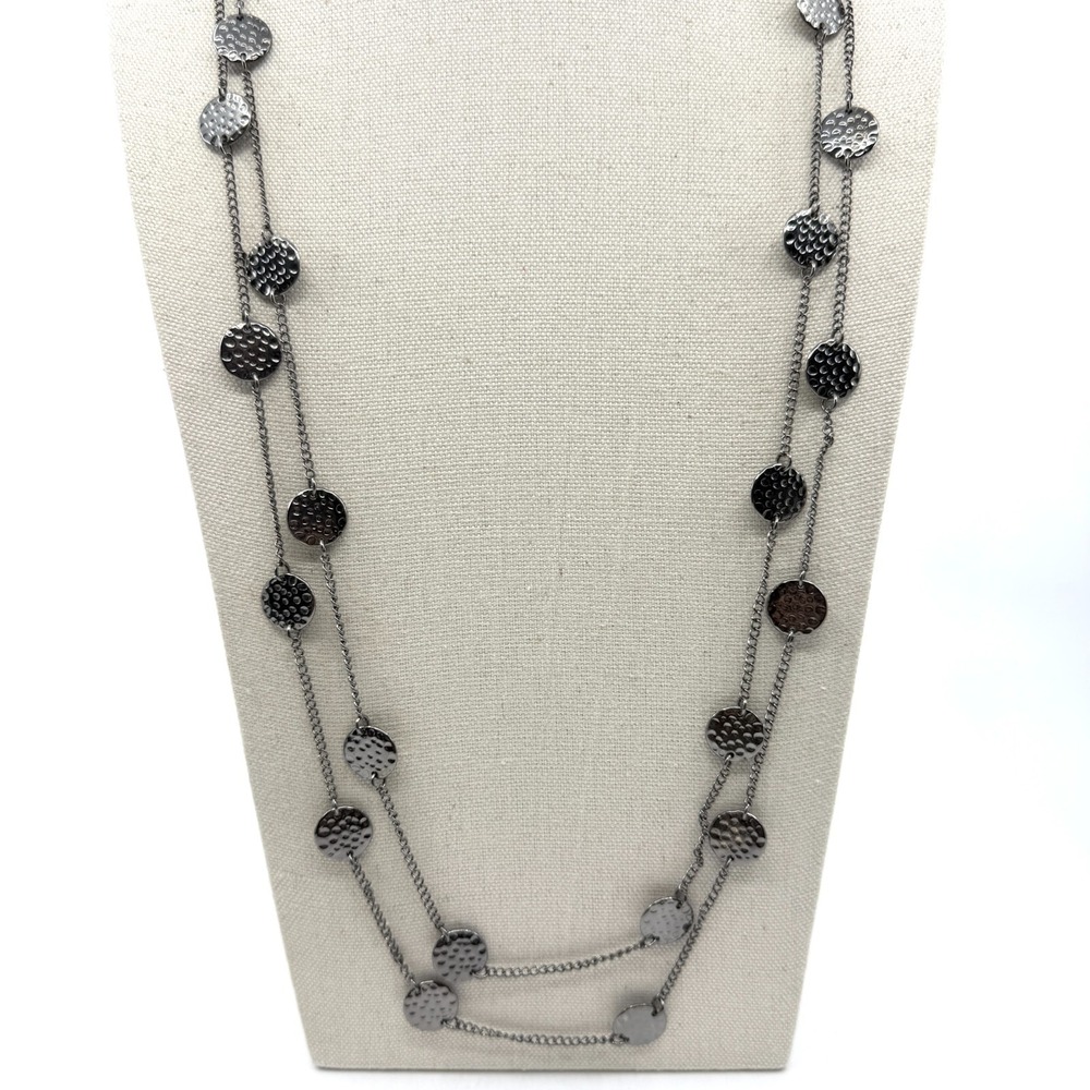 Y2K Long Gunmetal Hammered Disc Station Necklace Layering Boho Statement Jewelry